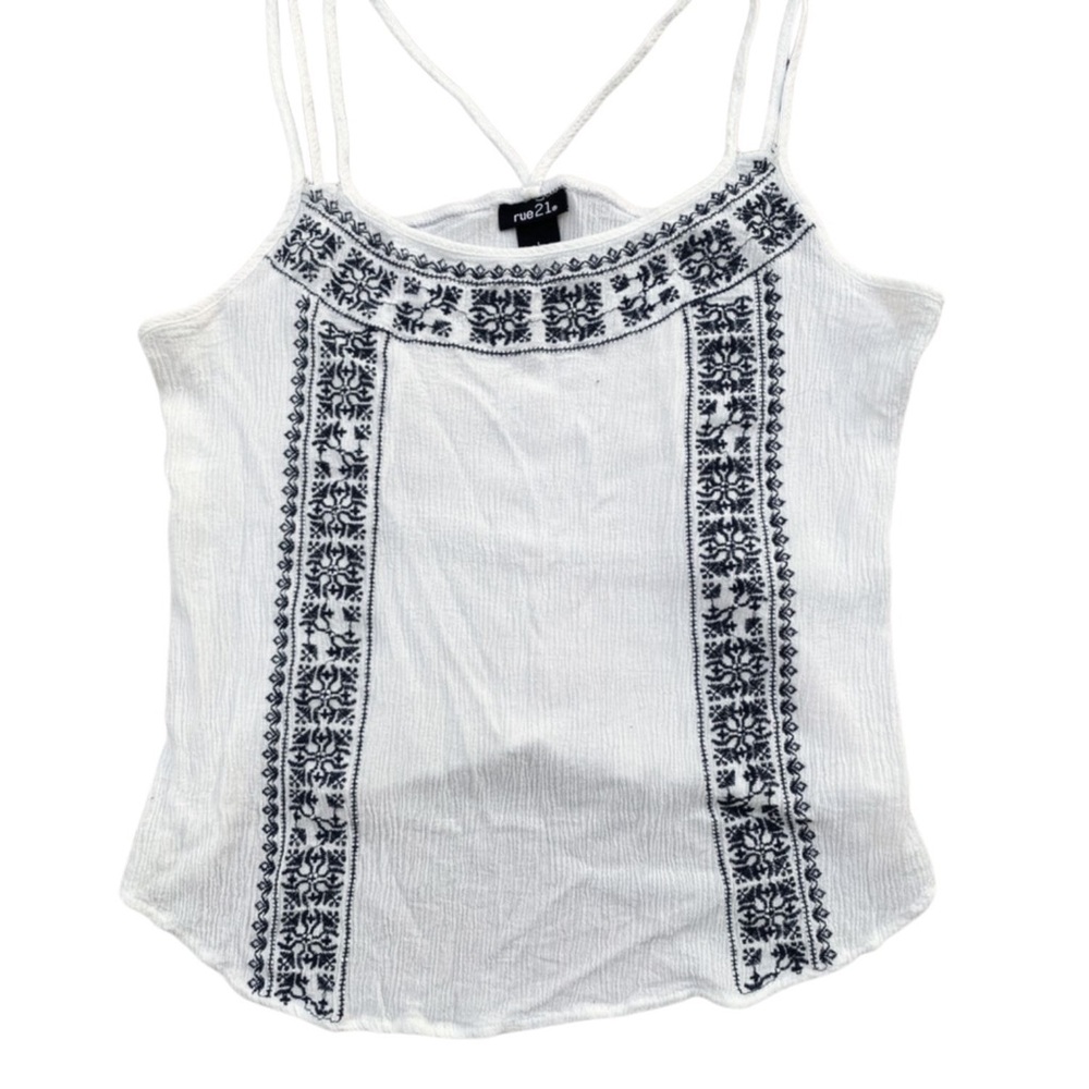 Rue 21 Boho White Blue Embroidered Crop Top Large Bohemian Shirt Criss Cross - Picture 3 of 10